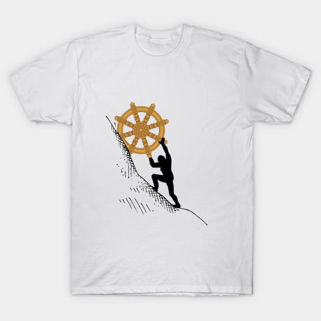 Sisyphus Rolling the Dharma Wheel T-Shirt by neememes